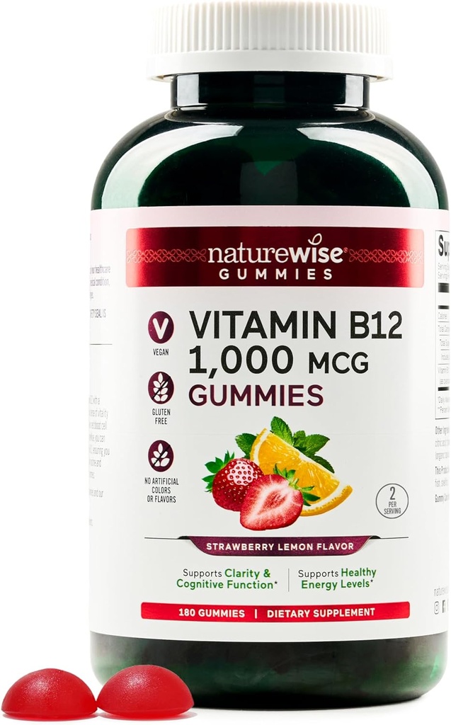 NatureWiseビタミンB12大人のためのグミー、1000 mcg - イチゴレモン風味 - 毎日エネルギー、精神的な明快さ、認知機能をサポート - ビーガン、グルテンフリー、非GMO - 180カウント[3ヶ月の供給]