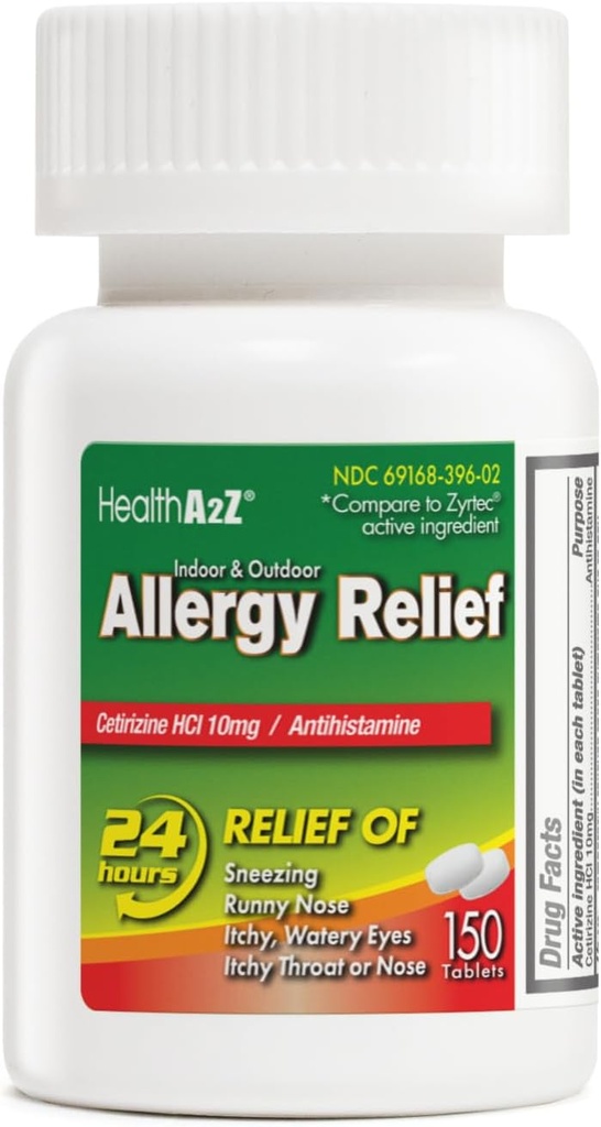 HealthA2Z® アレルギー救済 | セチジン10mg | 一日のアレルギー救済 | 屋内・屋外 | 斜めの喉からの救済 | 鼻水・鼻水・鼻水(150 カウント)