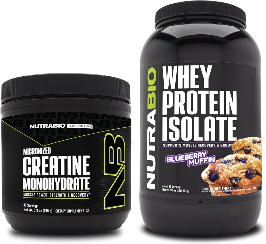 NutraBioのクレアチンの一水化物、不燃性、150gおよびWheyの蛋白質の隔離剤、ブルーベリーのマフィン、補足の束-筋肉エネルギー、細い筋肉成長、回復および強さ
