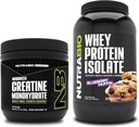 NutraBioのクレアチンの一水化物、不燃性、150gおよびWheyの蛋白質の隔離剤、ブルーベリーのマフィン、補足の束-筋肉エネルギー、細い筋肉成長、回復および強さ