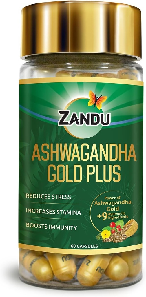 Zandu Ashwagandhaの金プラス、Ashwagandha、安全なMusli、Shilajit及び他のアーユルヴェーダの原料、Staminaを後押しする助けは免除、60の帽子を増強します