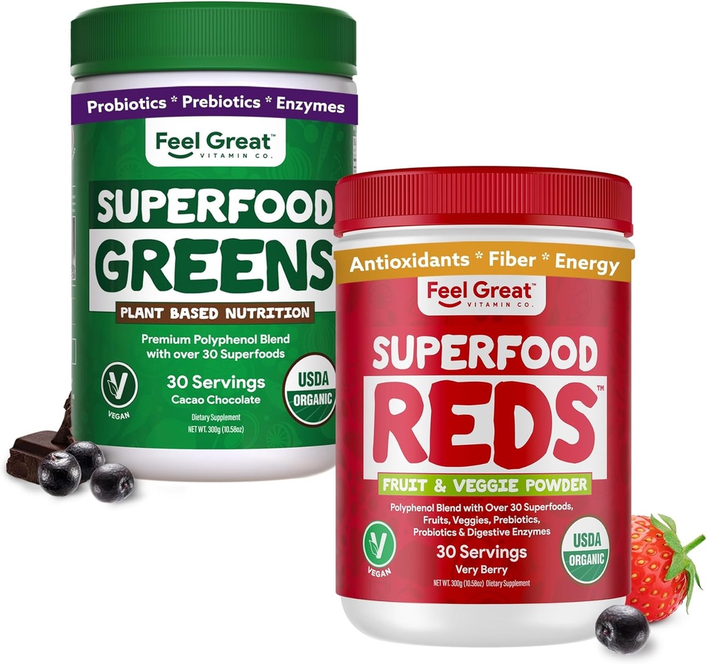 Feel Great USDA Organic Reds & Super Greens Powder Combo (2-Pack) | Over 35+ Greens, Fruits & Veggies, Fiber, Probiotics & Digestive Enzymes | 30 Servings