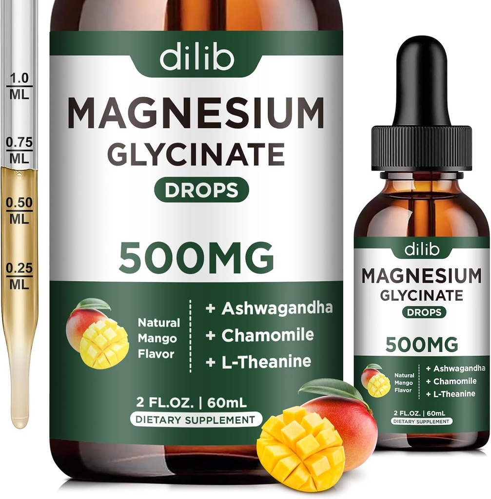 マグネシウムのGlycinateの補足、マグネシウムのGlycinate 500mg Ashwagandha、L -テアニン、Chamomile -サポート圧力救助、骨、筋肉、気分のビーガン自然なマンゴの味とマグネシウムの液体低下