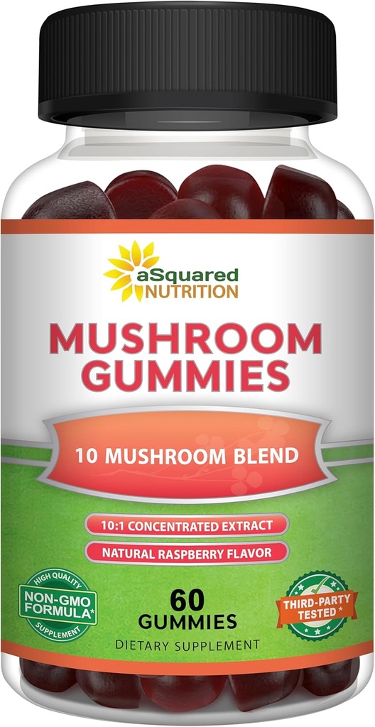 aSquared栄養のきのこのグミ - 10xの複雑な補足-ライオンのマネ、トルコの尾、Reishi、Cordyceps、Chaga -エネルギー、焦点、人の及び女性のための免疫サポート-粉、カプセル及び丸薬を取り替えて下さい
