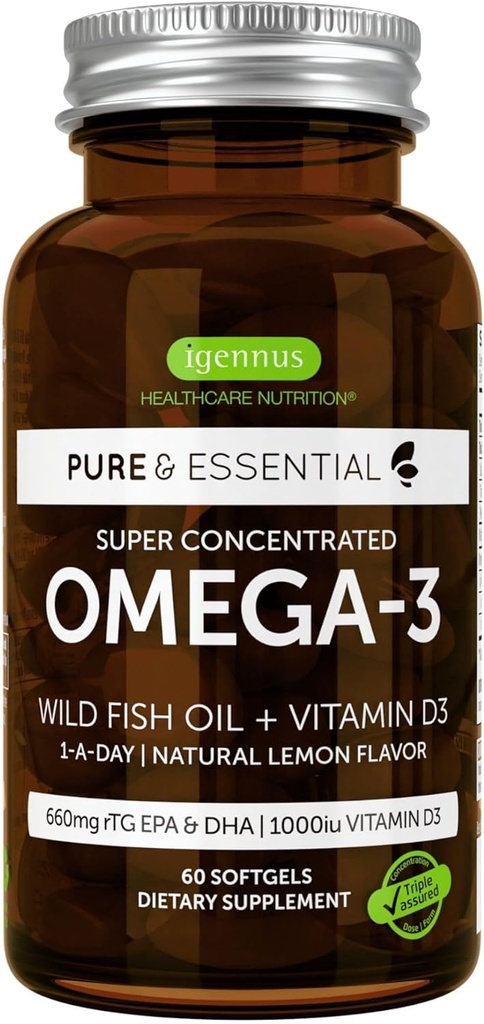 Igennus の高度 rTG Omega-3 IFOS によって証明される野生の魚油及びビタミン D3、1 日、脂肪酸 EPA 及び DHA の速い行為のトリグリセリド フォーム、超純粋及び非 GMO、60 の Softgels
