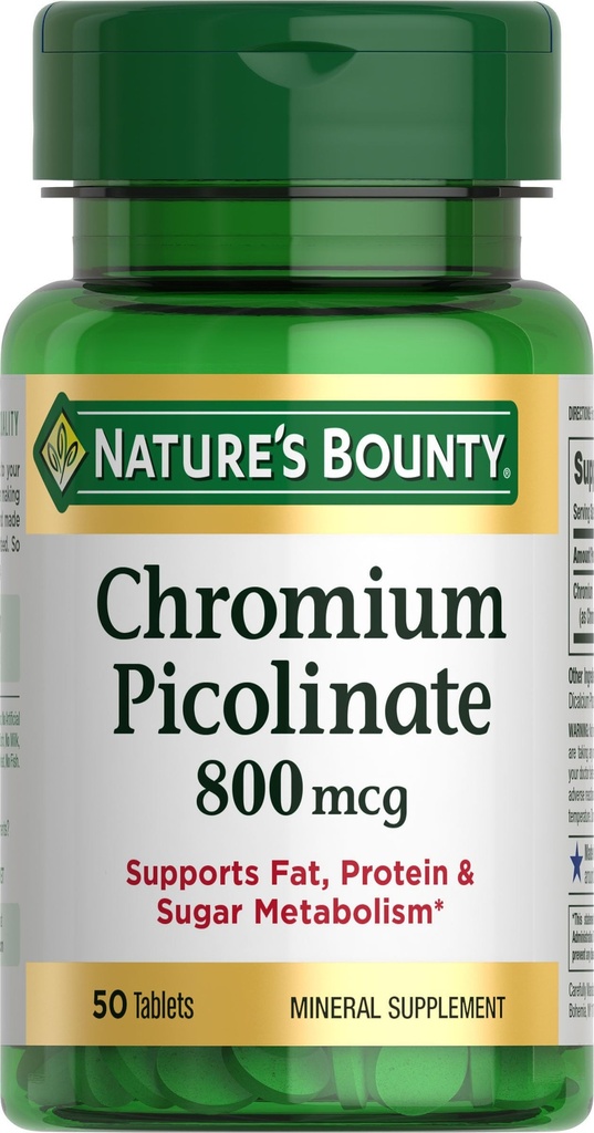 Nature's Bounty Chromiumピコリン酸塩、脂肪、タンパク質、砂糖代謝、ミネラルサプリメント、800 mcg、50錠をサポート