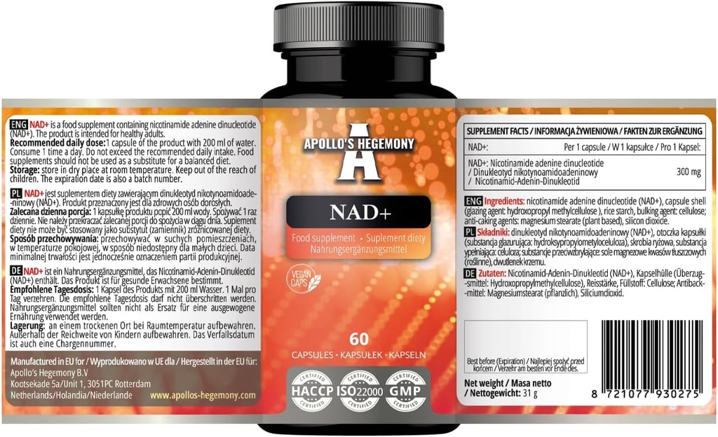 アポロのヘゲモニー NAD + 300 mg - ビタミンB3-60ビーガンカプセルの補酵素フォーム - 2ヶ月の供給 - ニコチンアミドアデニンダイナクレオチドサプリメント