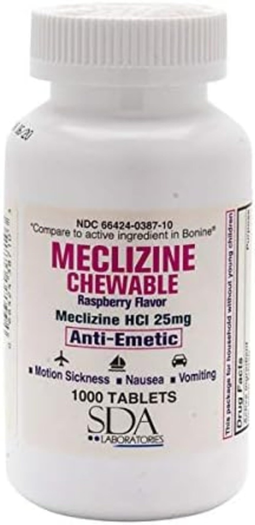 SDAの実験室のMeclizineのChewableタブレット、25mgの反浸透、Raspberryの味、Nausa、Dizzinessおよび嘔吐のための動きの病気及びVertigoの救助、1000の計算(1パック)