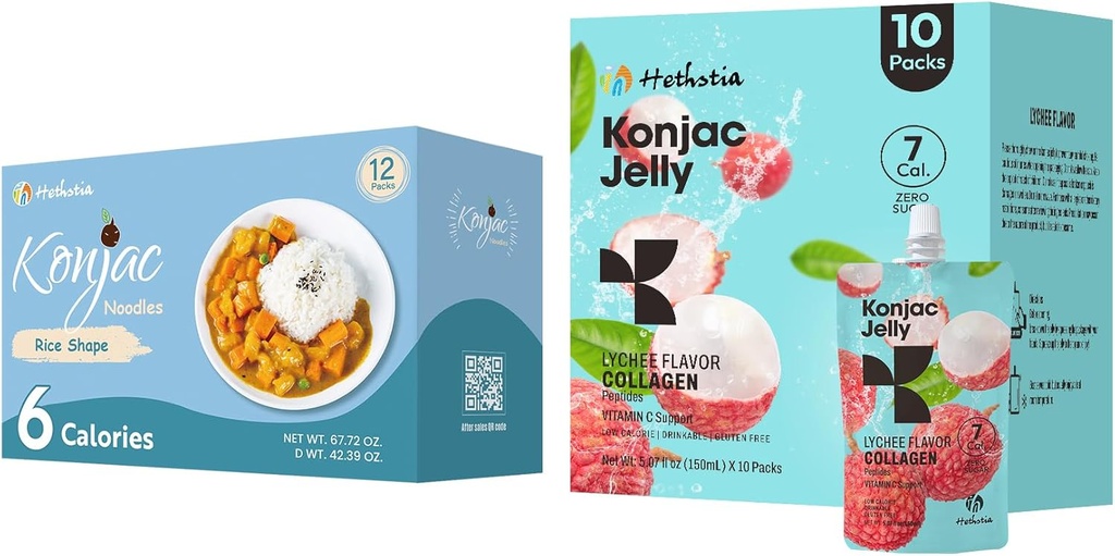 Hethstia Konjac Jelly Lychee フレーバー と コラーゲンペプチド 10 パックと Konjac ライスグルテンフリー 12 パック 低カロリー, Keto, Sugar Free, Healthy Food