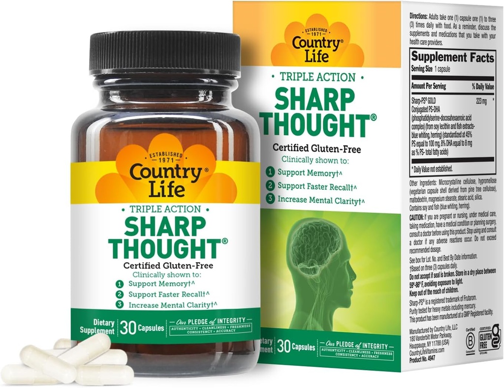 Country Life Sharp Thought - Memory & Cognitive Support Supplement – Sharp-PS Gold Phosphatidylserine + DHA – Promotes Mental Clarity & Faster Recall – Gluten-Free, 30 Capsules