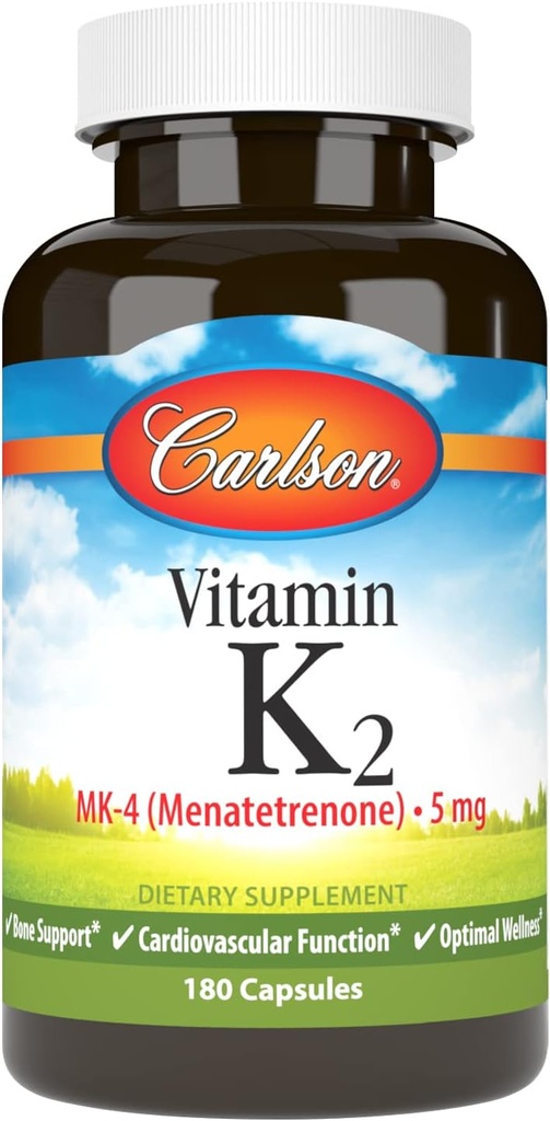 Carlson - ビタミンK2 MK-4(Menatetrenone)、5mg、ビタミンKサプリメント、骨サポート、K2ビタミン、大豆フリー、ビタミンK-2、180カプセル