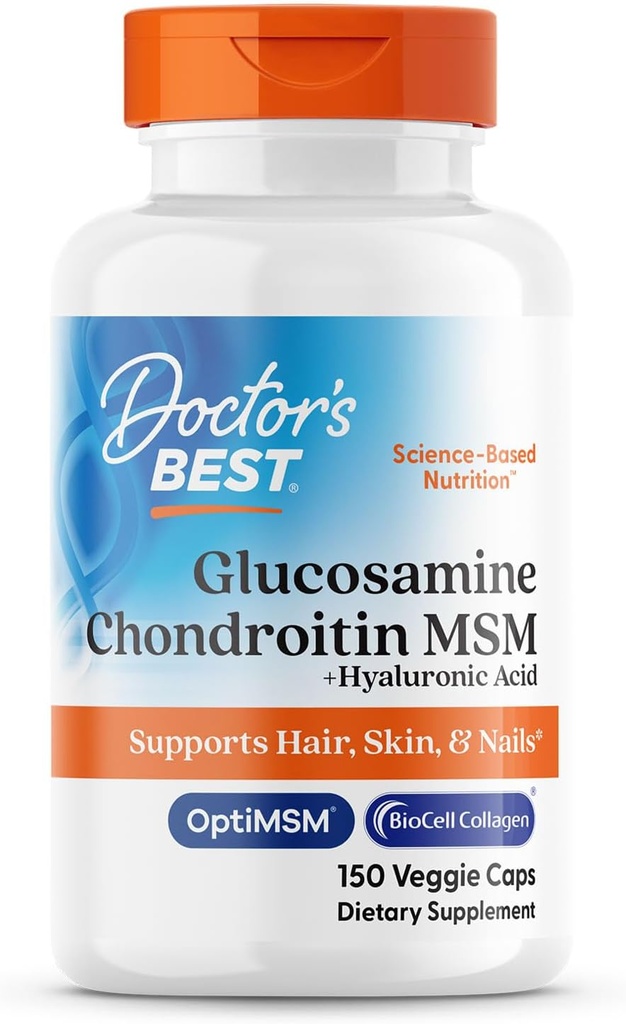 Doctor's Best Glucosamine Chondroitin MSM + Hyaluronic Acid with OptiMSM Featuring Biocell Collagen, Joint Support, Non-GMO, Gluten & Soy Free, 150 Caps