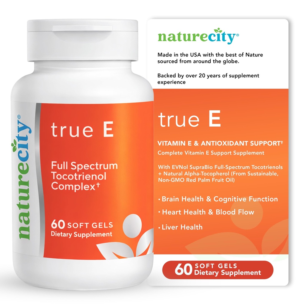 NatureCity True-E フルスペクトラムトコトリエノールビタミンE&ナチュラルアルファトコフェロールサプリメント | 持続可能なビタミンEトコトリエノール(Evnol Suprabio) | 非GMOビタミンEコンプレックス | 60ソフトゲル