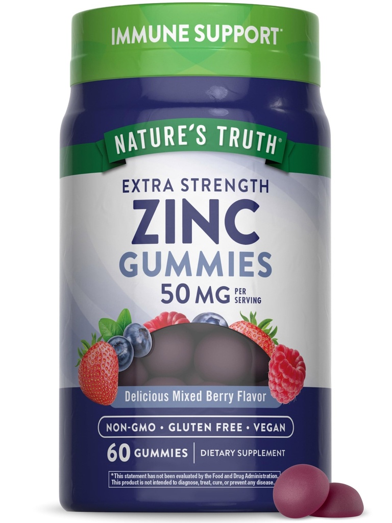 大人のための自然の真理亜鉛グミー | 50 mg | 60 カウント | ビーガン, 非GMO & グルテンフリーの余分な強さの補足 | 混合されたベリー風味