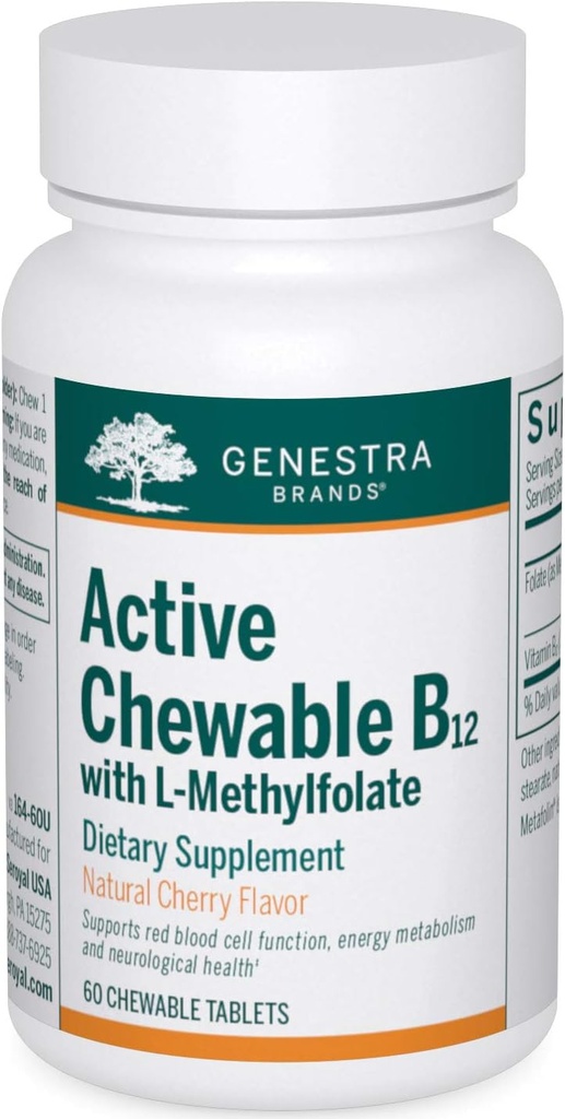 GenestraはL-Methylfolateの活動的なChewable B12を ChewableのビタミンB12および Folateの補足  60のChewableのタブレット 自然なチェリーの味付けます