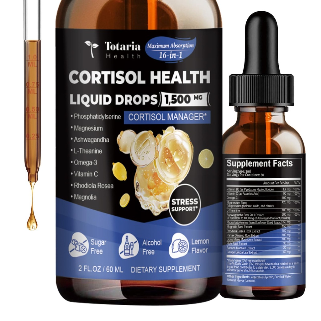 Totaria cortisolの補足の液体はマグネシウムの複合体、Ashwagandha、Rhodiola Rosea、Lのテアニン、Phosphatidylserineの補足の気分、焦点、睡眠サポート2 FL.OZの女性の人のためのホルモンのバランスを低下させます