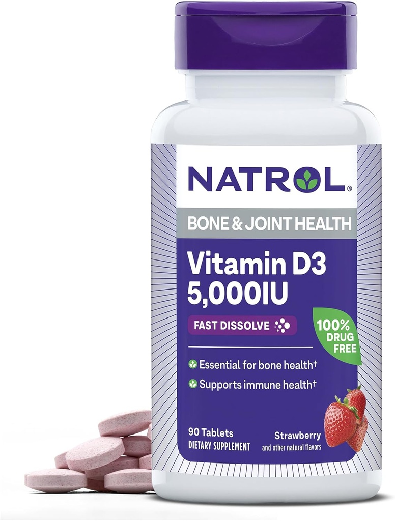 Natrolの速い分解のビタミンD3 5,000 IUの骨および接合箇所の健康、骨サポート補足、90のタブレット、90の日の供給のための食事療法の補足
