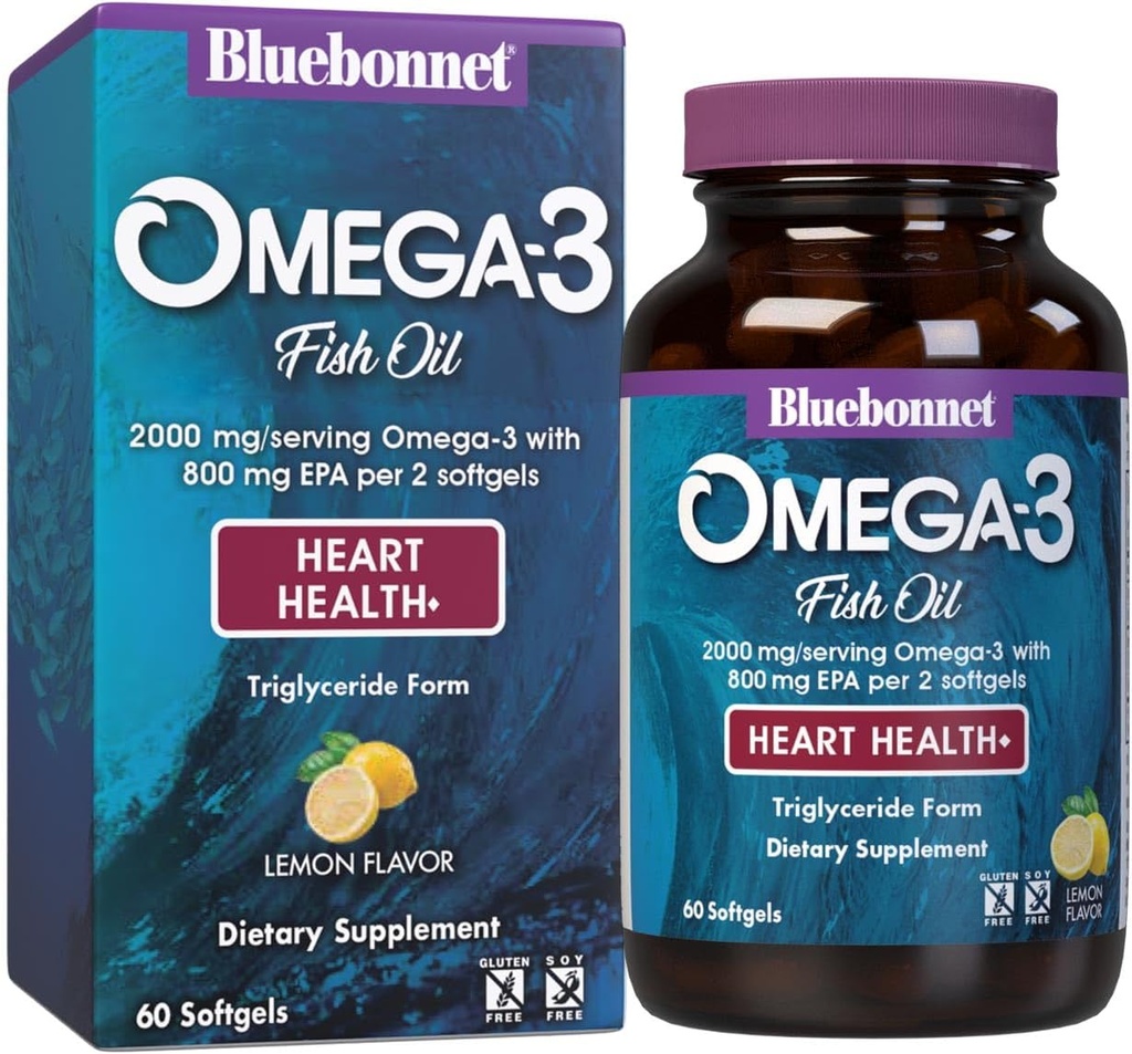 Bluebonnet栄養オメガ-3ハートフォーミュラナチュラルワイルドキャッチトリグリセリドフォームDHA 600mg EPA 800mg - 高濃度心臓健康サポートサプリメント - グルテンフリー - 60Softgel