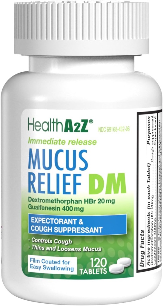 HealthA2Z® MucusリリーフDM | Dextromethorphan HBr 20mg | Guaifenesin 400mg | ベンゼンなし | 咳・即時放電(120カウント)