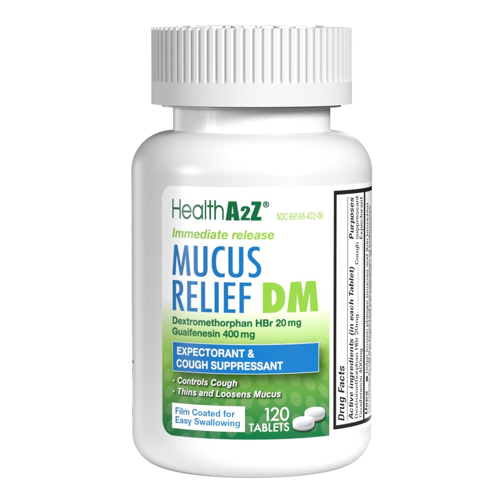 HealthA2Z® MucusリリーフDM | Dextromethorphan HBr 20mg | Guaifenesin 400mg | ベンゼンなし | 咳・即時放電(120カウント)