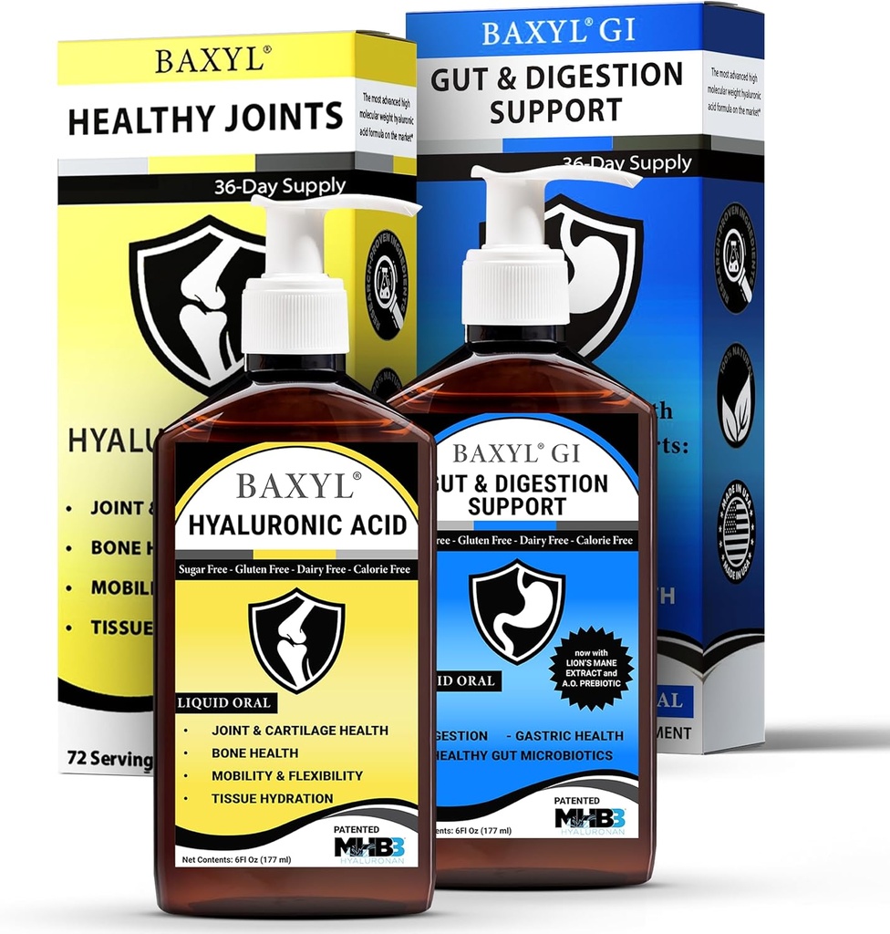 BAXYL & BaxylGI の束のパック - (6 の fl の oz 各) - Hyaluronic の酸の接合箇所の補足及び Hylarunonan の Amaferm のプレバイオティックの消化器の補足。