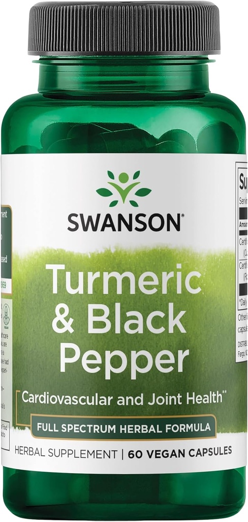Swanson Turmeric & Black Pepper - Organic Joint Health, Heart Health, Digestion, & Liver Support Supplement - Natural Formula for Enhanced Bioavailability & Absorption - (60 Veggie Capsules)