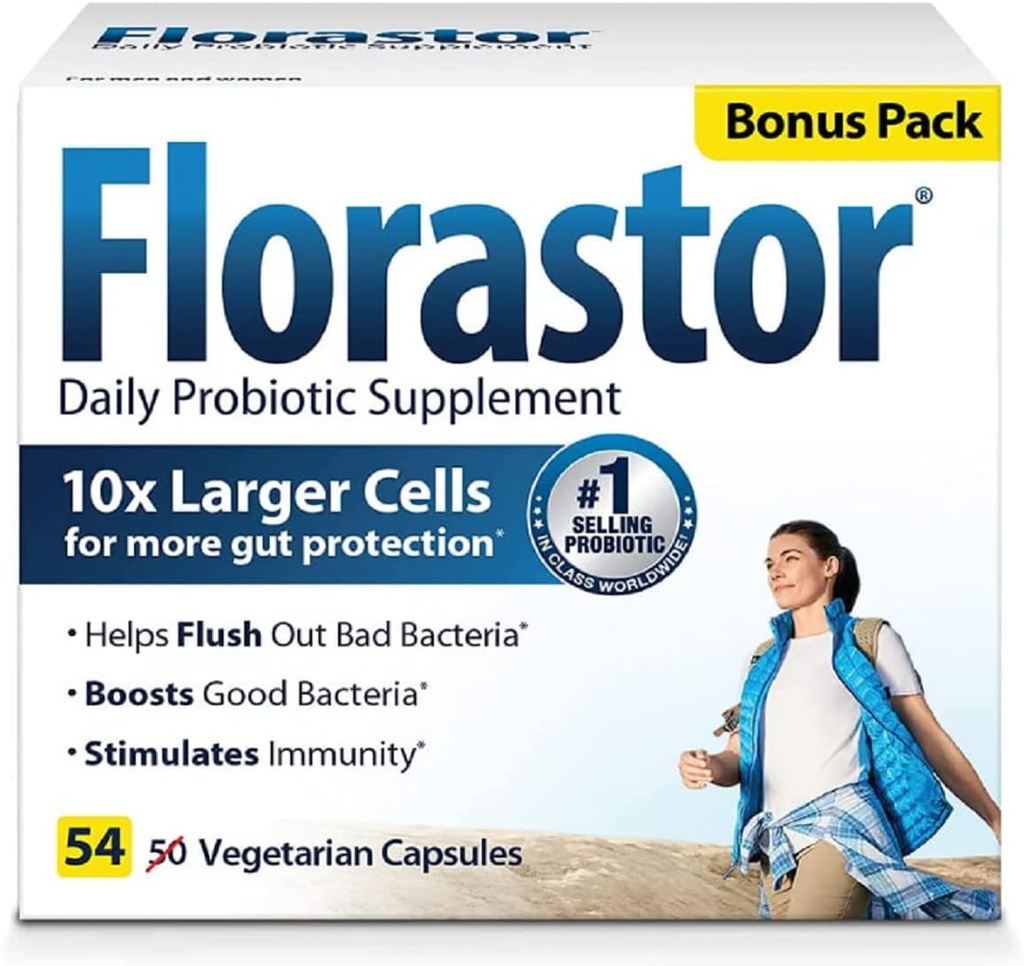 女性と男性のためのFlorastor毎日のプロバイオティックサプリメント、消化器の健康、Saccharomyces Boulardii CNCM I-745(54カプセル)、パック4