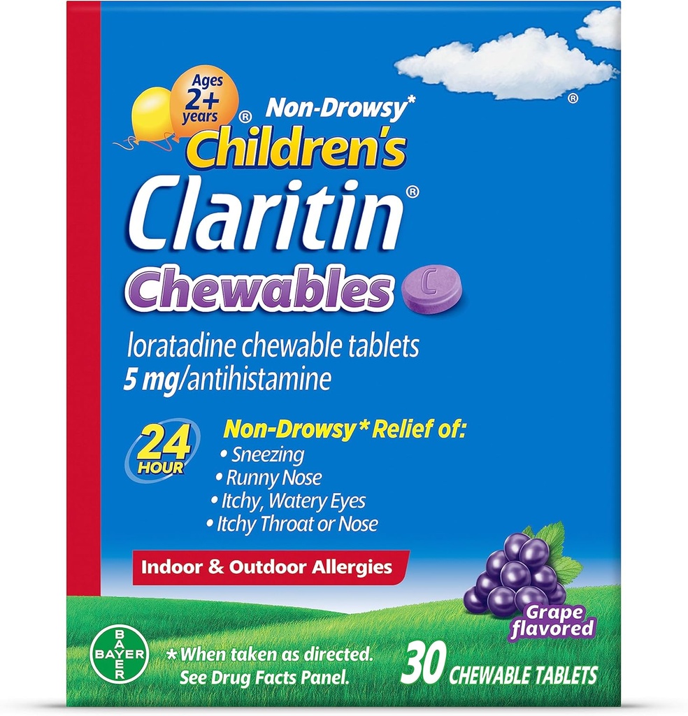 子供のClaritinのChewables 24時間のアレルギーの救助、非眠気の子供のアレルギーの薬、ブドウのAntihistamineのChewableタブレット、30の計算