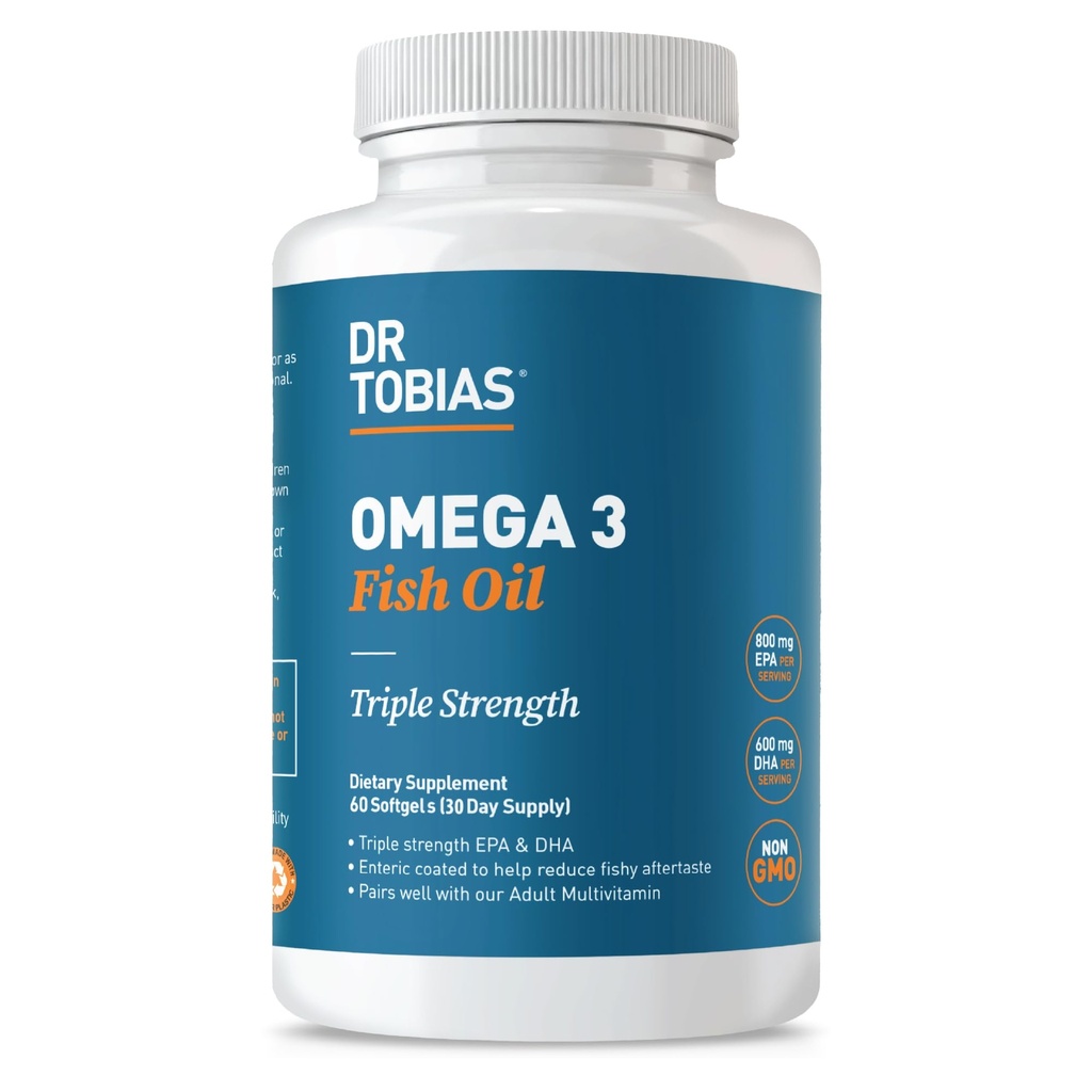 Dr. Tobias Omega 3 魚油, 2000 mg トリプル 強度 800 mg EPA 600 mg DHA サービングあたり, 魚油オメガ 3 心のためのサプリメント, 脳 & 免疫サポート, 60 ソフトゲル, 30 サービング