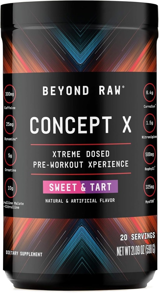 BEYOND RAW Concept X, 臨床的に投与されたプレワークアウトパウダー, カフェインが含まれています, L-Citrulline, クレアチン, ベータアラニン, 甘い & タルト味, 20 サービング