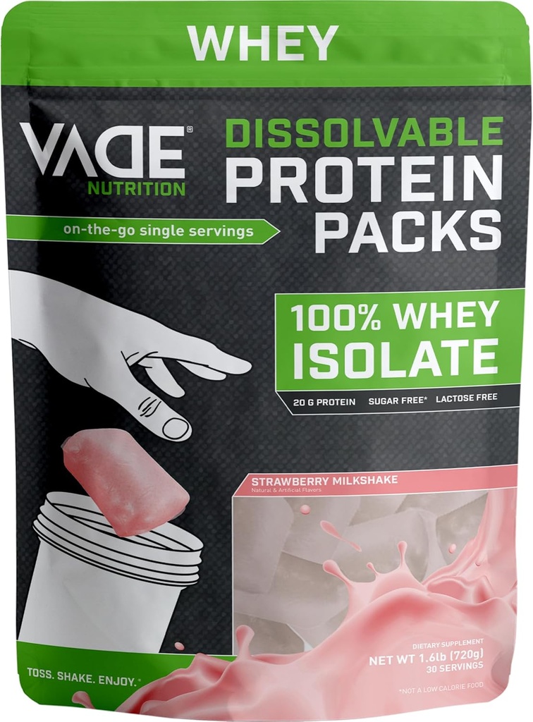 VADE Nutrition Dissolvable Protein Packs | Strawberry Milkshake Whey Isolate Protein Powder, On-The-Go, Low Carb, Low Calorie, Lactose Free, Gluten Free, Fat Free, Sugar Free, Lean, 30 Servings