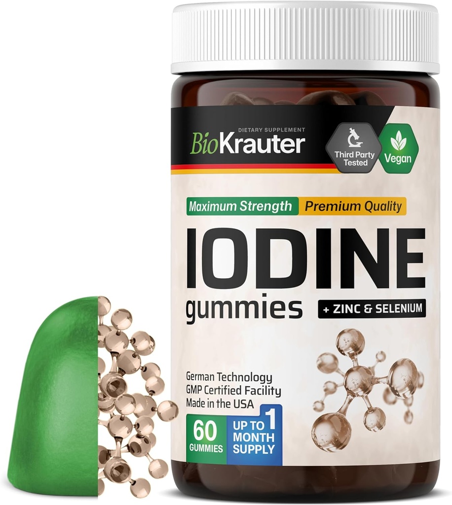 BIO KRAUTER Iodine Gummies - 60 ビーガン咀嚼 - 250 mcg カリウム ヨウ素 - ヨウ素サプリメント Selenium Zink - アップルの味、ペクチンベースの咀嚼