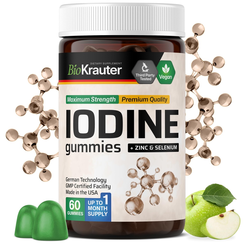 BIO KRAUTER Iodine Gummies - 60 ビーガン咀嚼 - 250 mcg カリウム ヨウ素 - ヨウ素サプリメント Selenium Zink - アップルの味、ペクチンベースの咀嚼