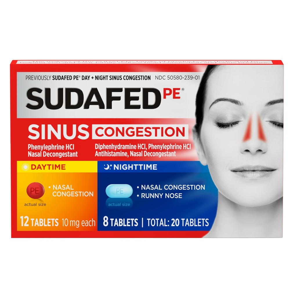 Phenylephrine HCl及びDiphenhydramine HClが付いているSudafedのPEのSinusの混雑の日+夜最高の強さのDecongestant及びAntihistamineのタブレット、Nasal及びSinus圧力及び輻輳、20のctを助けて下さい
