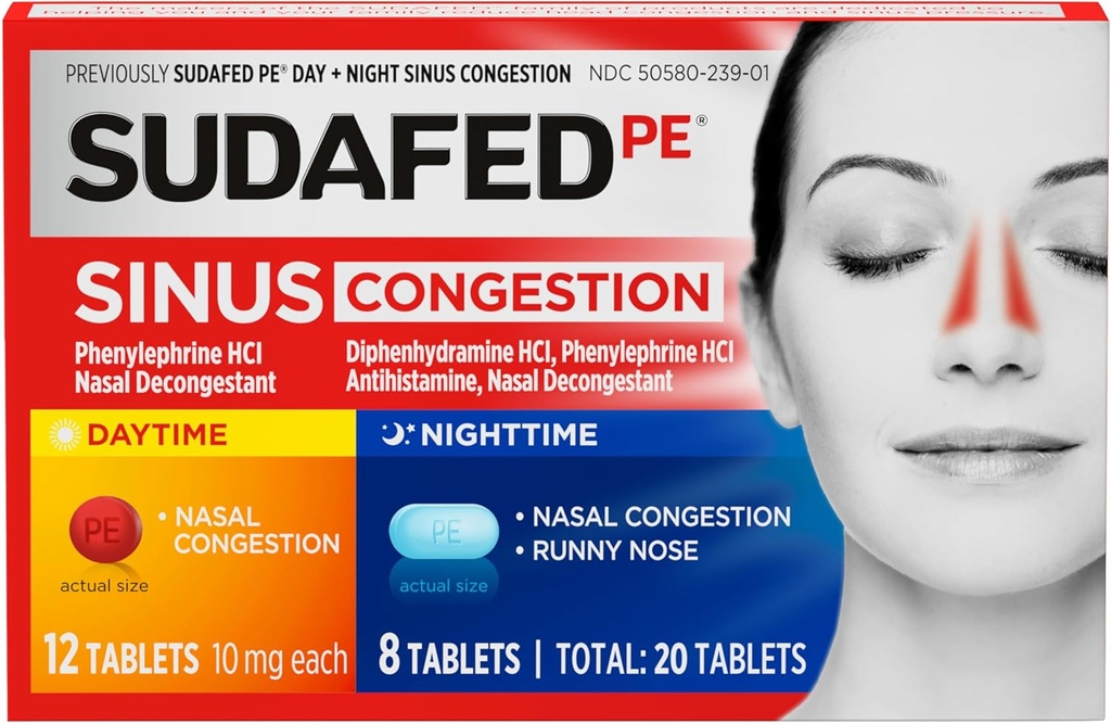 Sudafed PE Sinus Congestion Day + Night Maximum Strength Decongestant & Antihistamine Tablets with Phenylephrine HCl & Diphenhydramine HCl, Helps Nasal & Sinus Pressure & Congestion, 20 ct