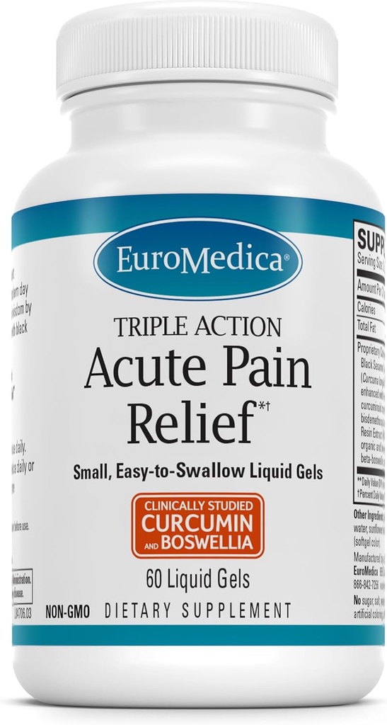 Euromedica Acute Pain Relief - Dietary Supplement with BCM-95 Curcumin & BOS-10 Boswellia - Black Sesame Seed Oil Supplement to Support Relief of Occasional Discomfort - 60 Liquid Gels