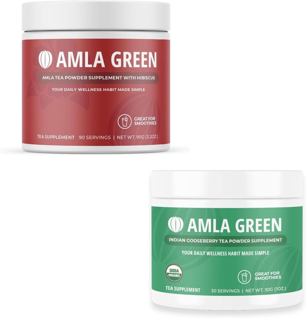 Amlaパウダー&グリーンティースーパーフードサプリメント, 酸化防止サポート, ハイビスカスで製造 (90 サービング) & インドのグーズベリー (30 サービング), オーガニック, ビーガン