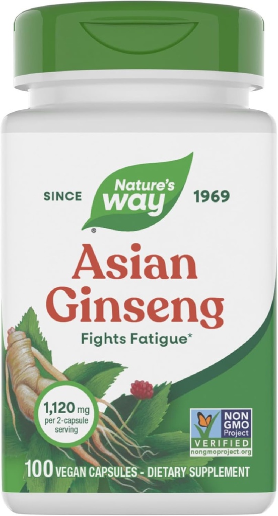 Nature's Way Asian Ginseng、Fatigue*の戦い、サービング2カプセルごとの1,120mg、非GMOプロジェクト検証、ビーガン、100カプセル(パッケージ5月Vary)