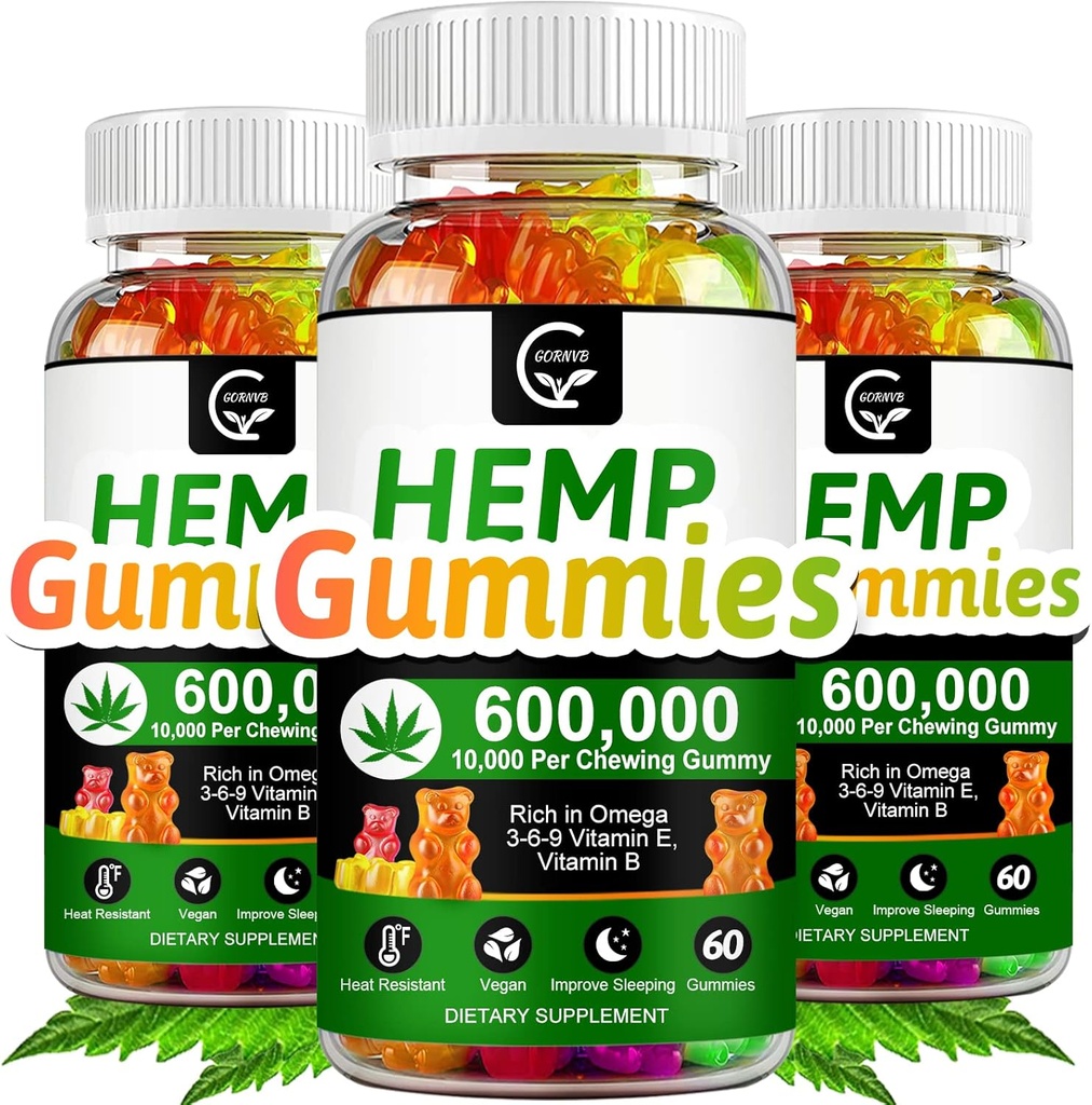 (3 Pack) High Potency Hemp Gummies 600,000 Extra Strength - Stress, Sleep, Mood, Calming, Focus, Relaxation Supplements, 100% Natural Hemp Oil Extract Infused Gummies, Vegan, Non-GMO, Gluten-Free