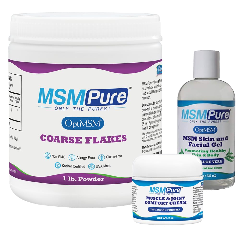 KALA HEALTH MSM の粗い薄片が付いている MSM の始動機の束 1lb、MSM 筋肉及び接合箇所のクリーム 2oz および有機アロエ 8oz の MSM のゲル