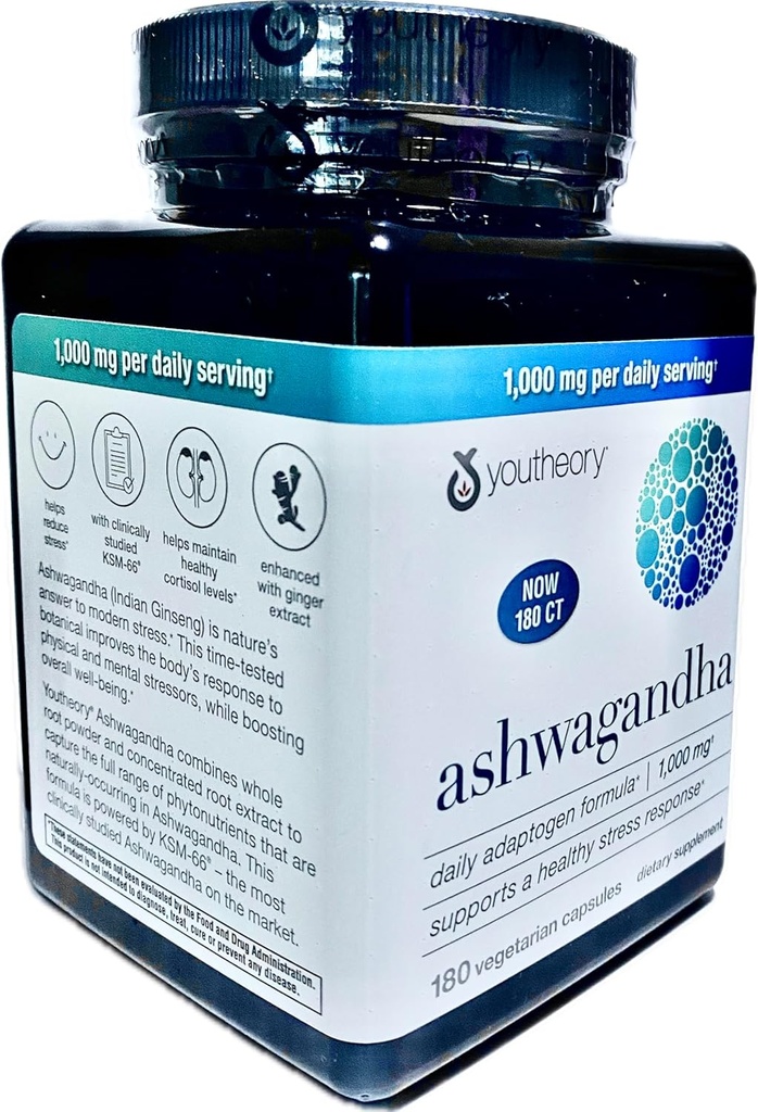 Generic Ashwagandha Supplement Organic KSM-66 Ashwagandha Vegetarian Supplement 180 Capsules, 1000mg per Daily Serving, Help Support Healthy Stress Management Response, Pearl White