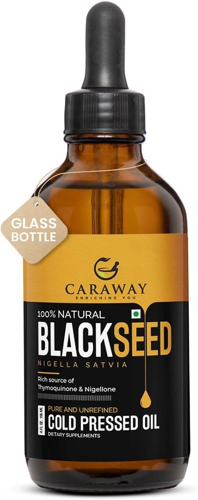 CARAWAYオーガニックブラックシードオイル - 冷間プレスニゲラサティバオイル - 純粋で未精製 - 免疫サポート、髪とスキンケアのためのチモキノンの豊富で | ガラスボトル