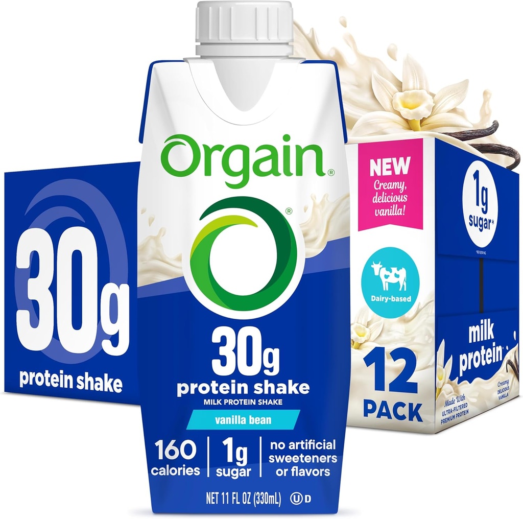 Orgain 30g High Protein Shake, Dairy Isolate Milk Protein, バニラビーンズ, 5g BCAAs, 1g Sugar Per サービング, 食事の交換, 飲み物への準備, Ketoフレンドリー, グルテンフリー 11 Fl Oz (パック 12)