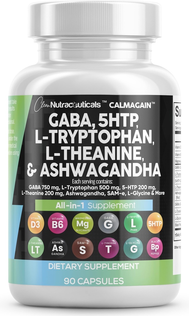 きれいなNutraceuticals GABA 750mg 5 HTP 200mg Lのトリプトファン500mg Lのテアニン200mgのアシュワガンダSAM-e Lグリシン-Lチロシン5-HTP (5-Hydroxytryptophan)が付いている女性および人の気分サポート ビタミン