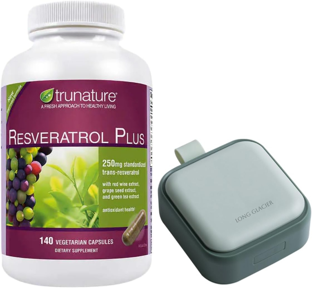 Trunature Resveratrol Plus、ピルオラジサイザー、薬、ビタミン、緑のための小さなかわいいピル容器と140のベジタリアンカプセルバンドル