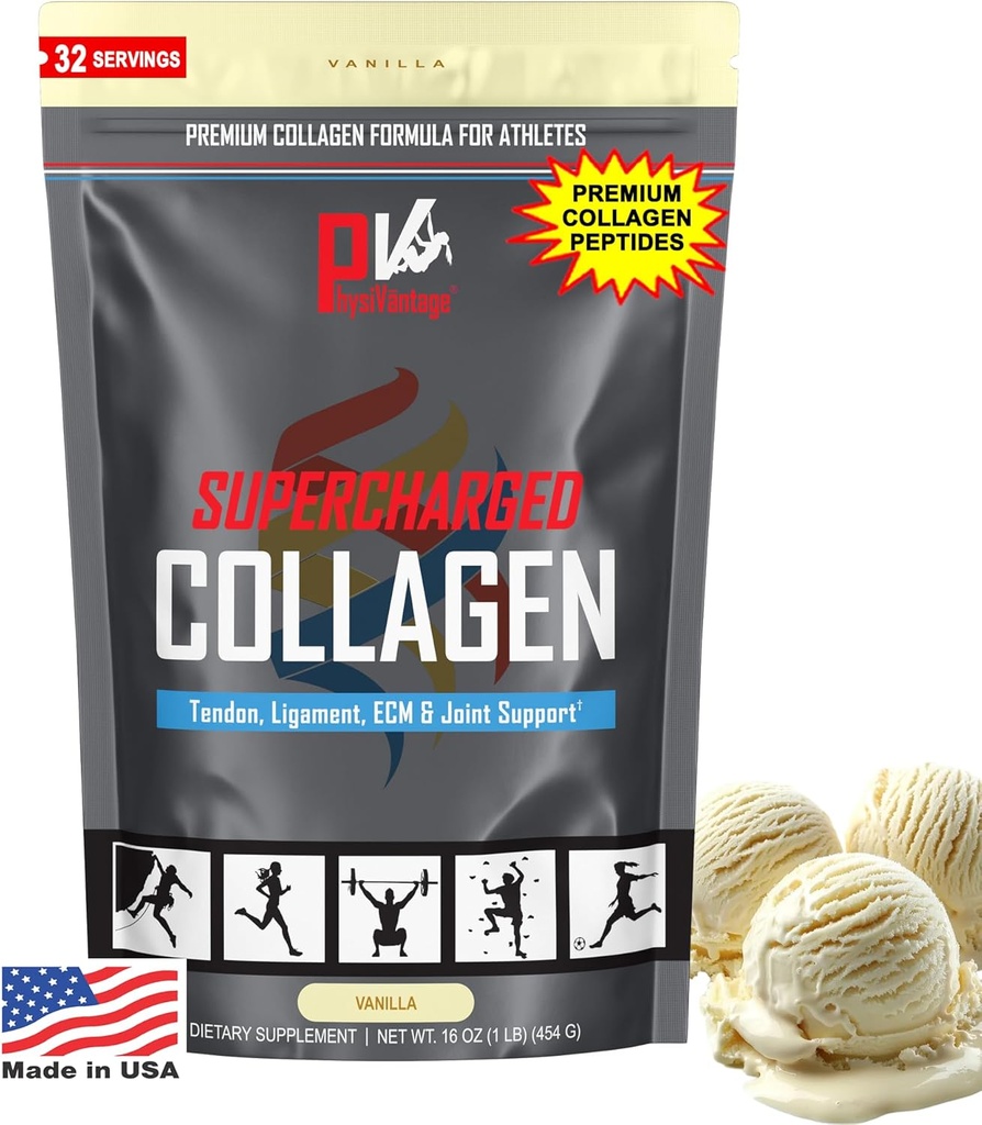 PhysiVantage Supercharged Collagen Peptides Powder - Hydrolyzed Collagen for Joint, Tendon, Ligament, & Skin Health Support - Vanilla, Keto, Paleo, 16oz | Enhanced with Vitamin C, BCAAs, Grass-Fed