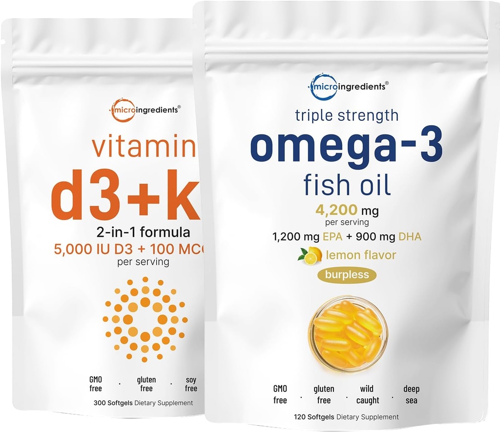 マイクロ成分ビタミンD3 5,000iu + K2 100mcg Softgels & Omega-3 Fish Oil 120 Softgels バンドル2パック | エッセンシャルサンシャインビタミン | ワイルドキャッチフィッシュ、レモン風味、バープレス