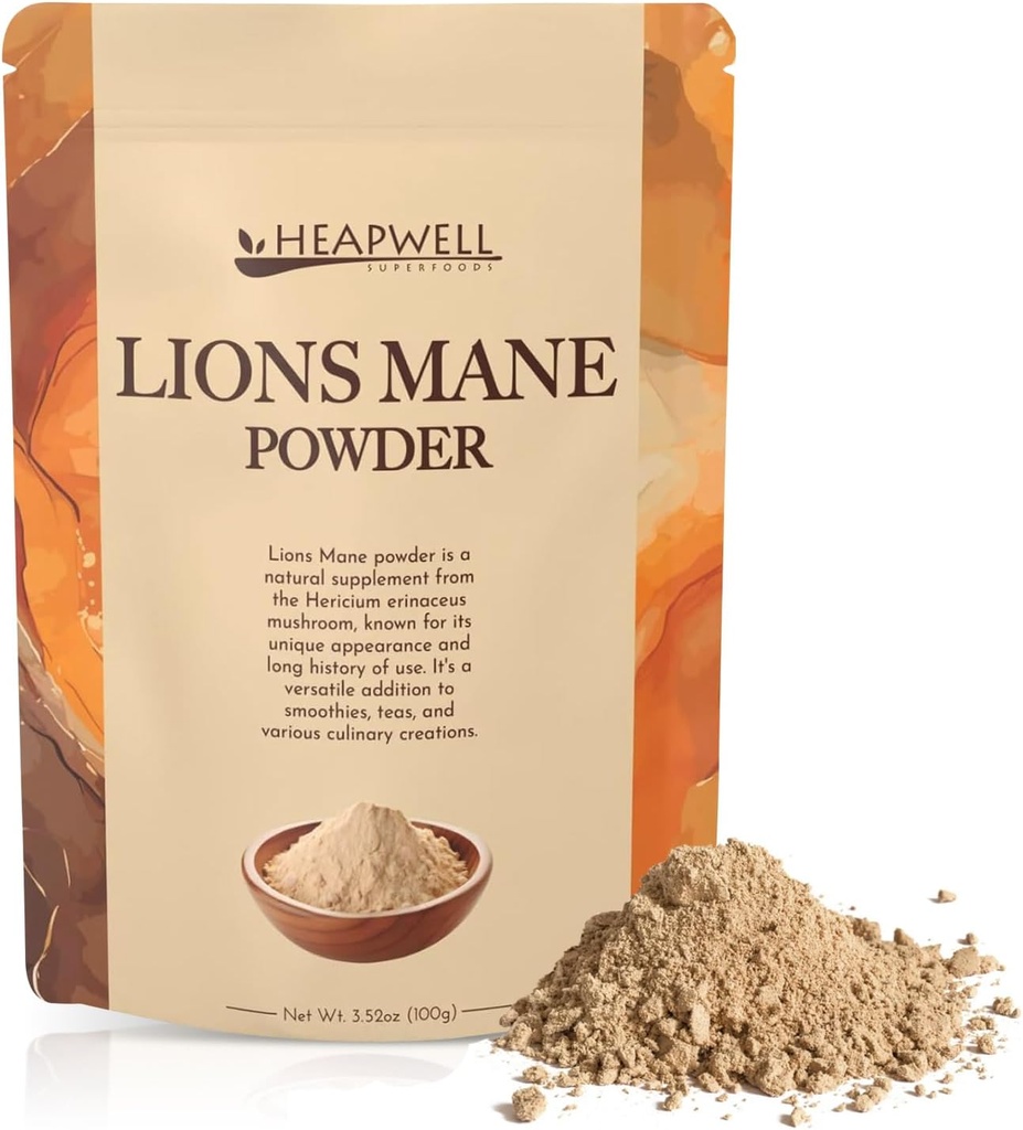 Heapwell Superfoods Lion's Mane Powder 100g - プレミアムグレード、認知サポート、免疫ブースト、メンタルクラリティ100プラスの高スペクトラムライオンのマネキノコサプリメント