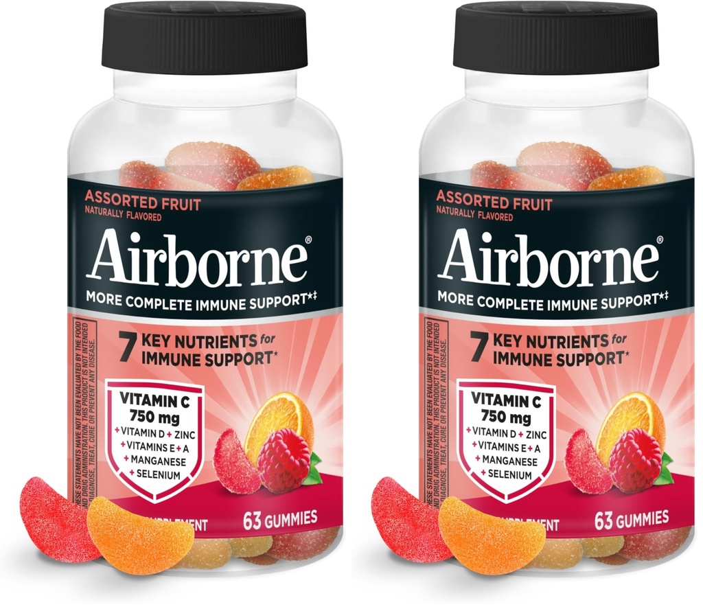 エアボーンビタミンC 750mg(サービングあたり) - 分類された果物のガミー(ボトルの63カウント)、ビタミンC E、セレン(パック2)とグルテンフリー免疫サポートサプリメント