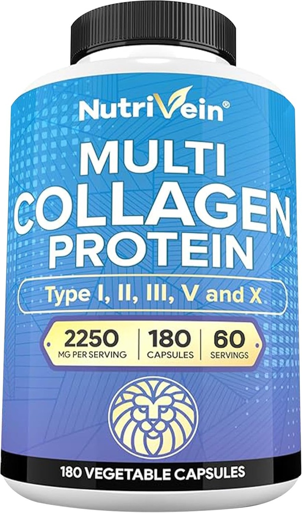 Nutrivein Premium Multi Collagen Pills 2250 mg - 180 Easy-to-Swallow Collagen Capsules: Type I, II, III, V, X Hydrolyzed Protein Peptides for Women and Men - Aging, Joints, Hair, Skin, Bones, & Nails